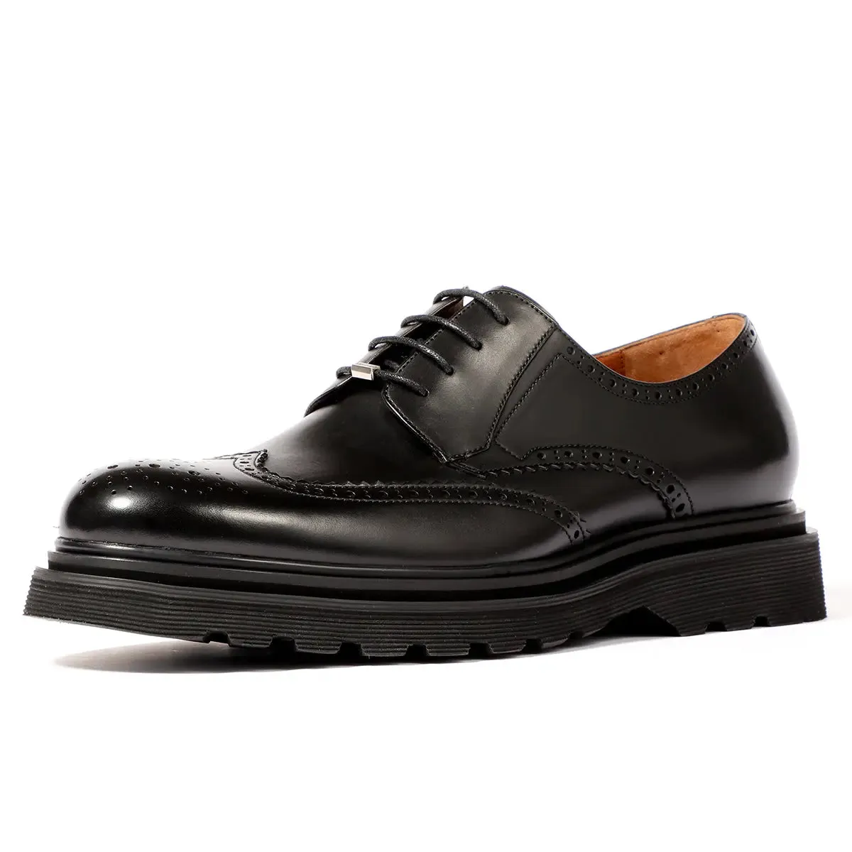 Men's black lace-up platform brogue derby shoes 90109