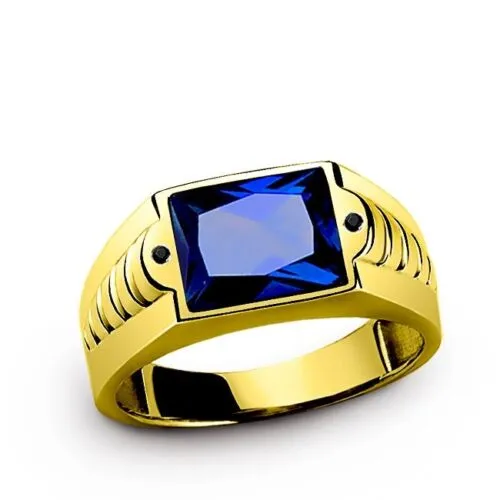 Men's Sapphire Ring in 10K SOLID Fine Yellow GOLD with 2 Onyx Gemstone Accents