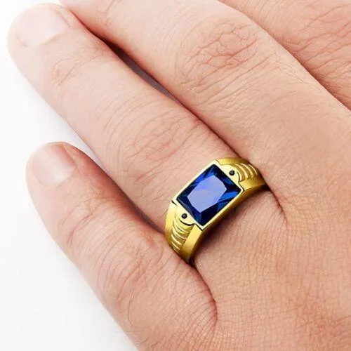 Men's Sapphire Ring in 10K SOLID Fine Yellow GOLD with 2 Onyx Gemstone Accents