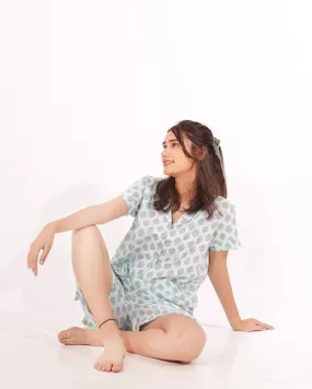 Mint Cotton Night Shirt & Shorts Set For Women