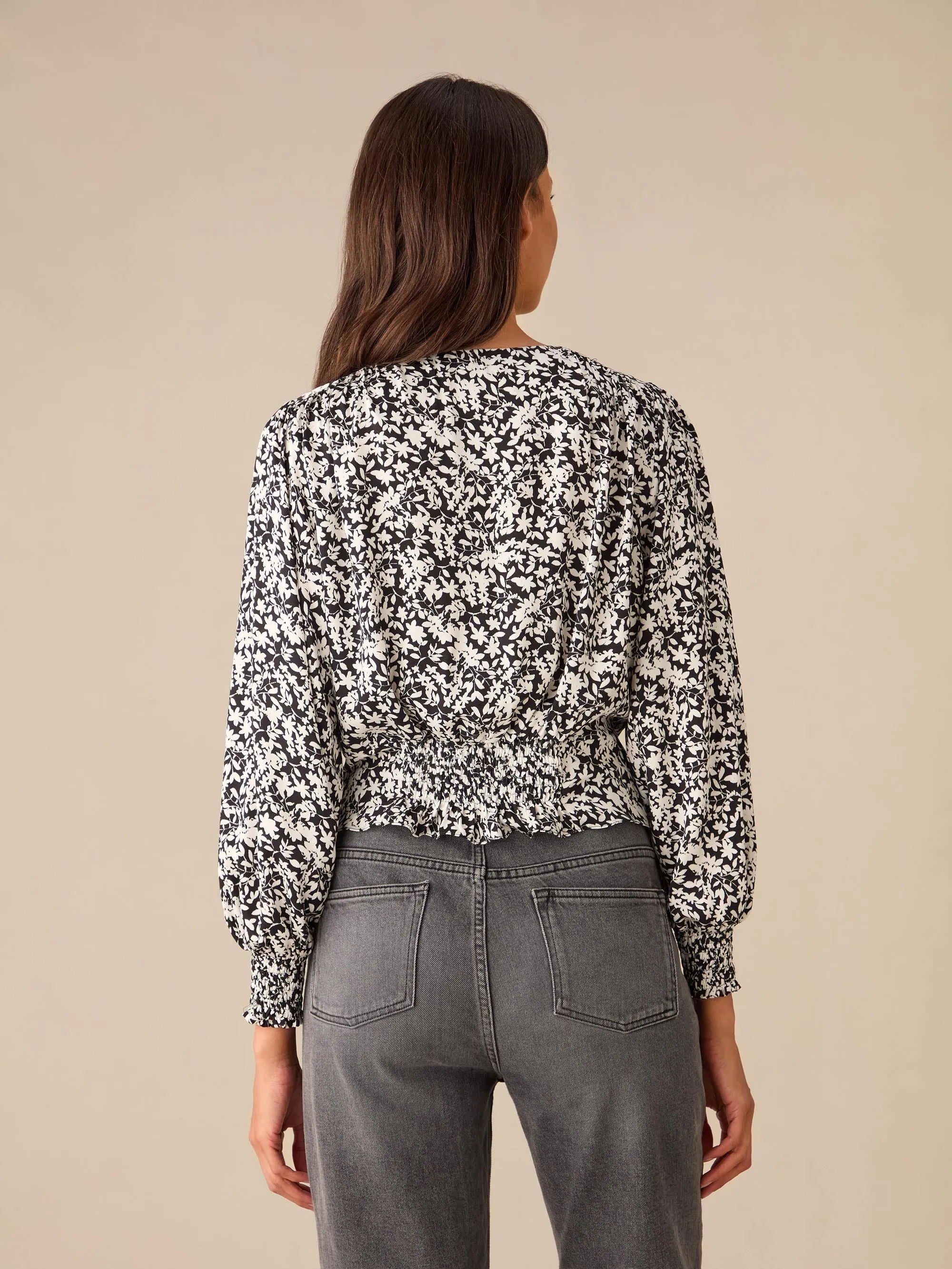 Mono Floral Print Keyhole Front Blouse