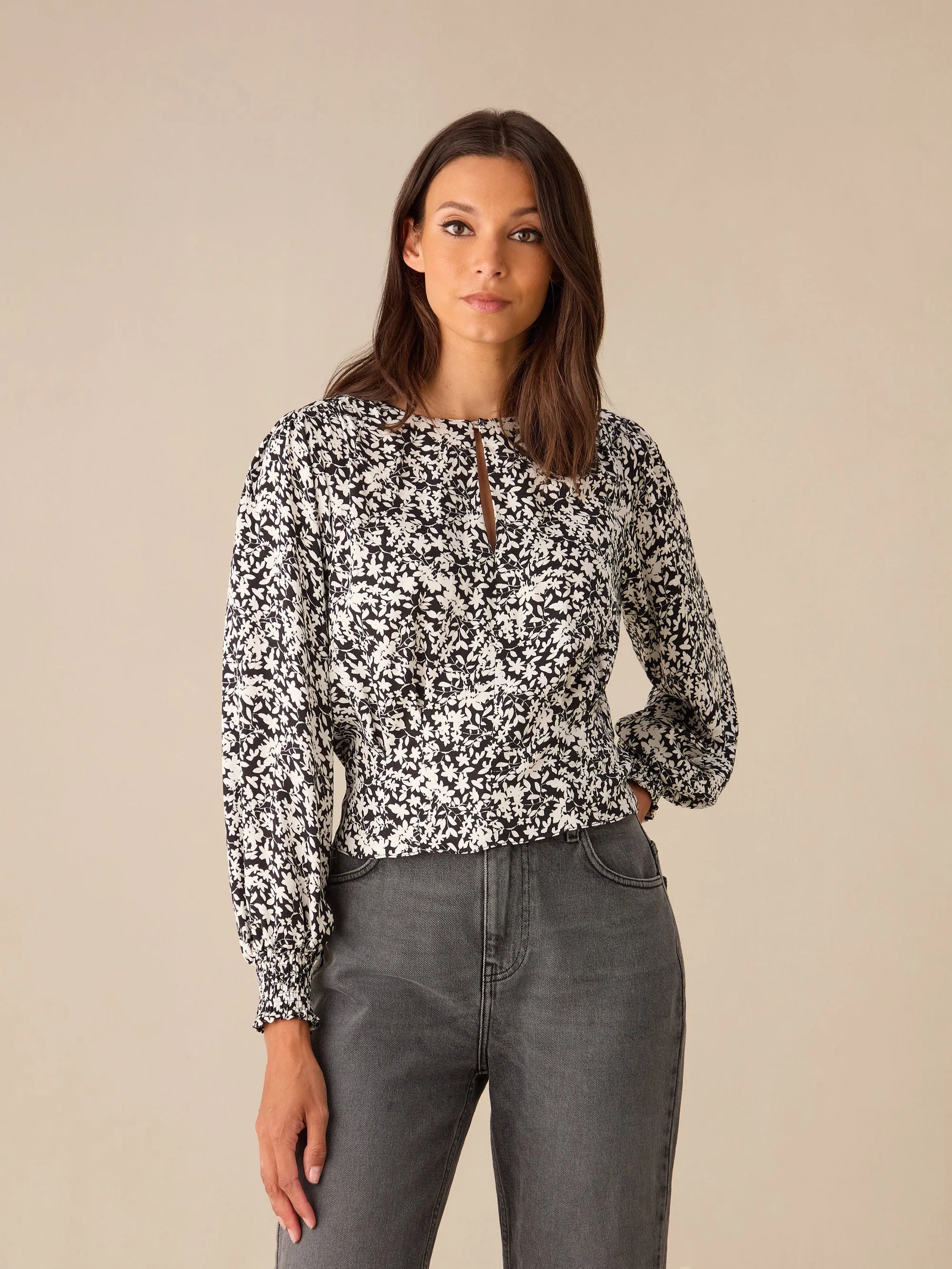 Mono Floral Print Keyhole Front Blouse