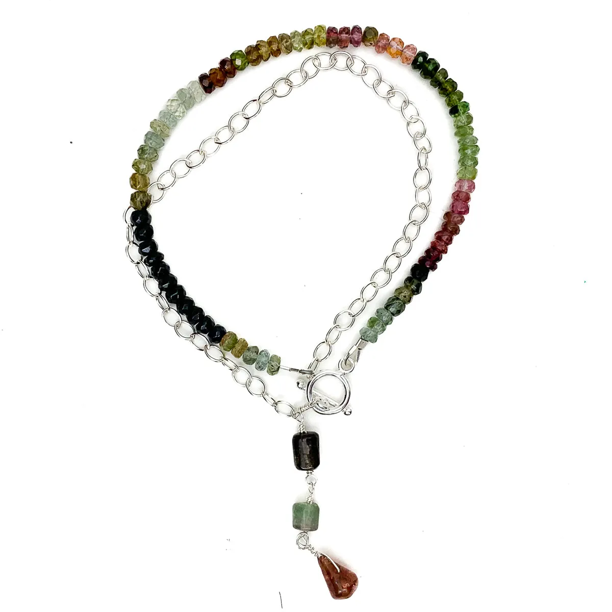 Multi-Color Tourmaline & Sterling Silver Chain Y Necklace With Sterling Silver Toggle Clasp