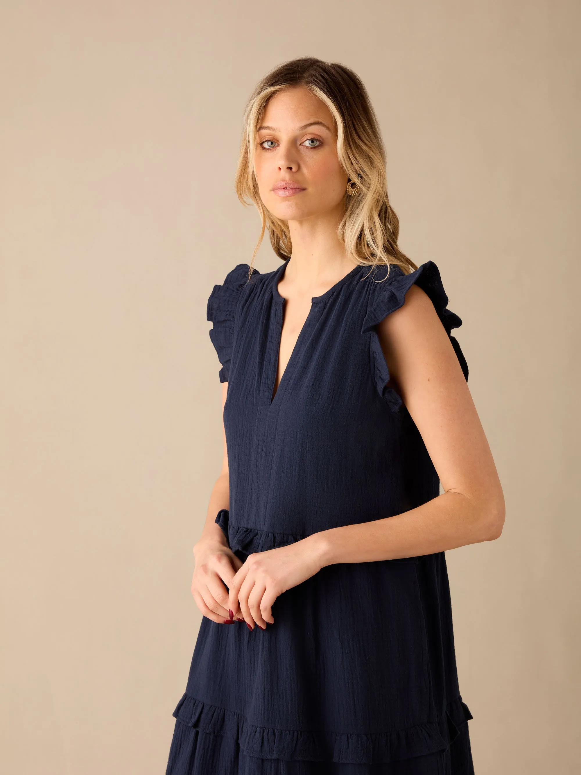 Navy Frill Detail Cheesecloth Dress