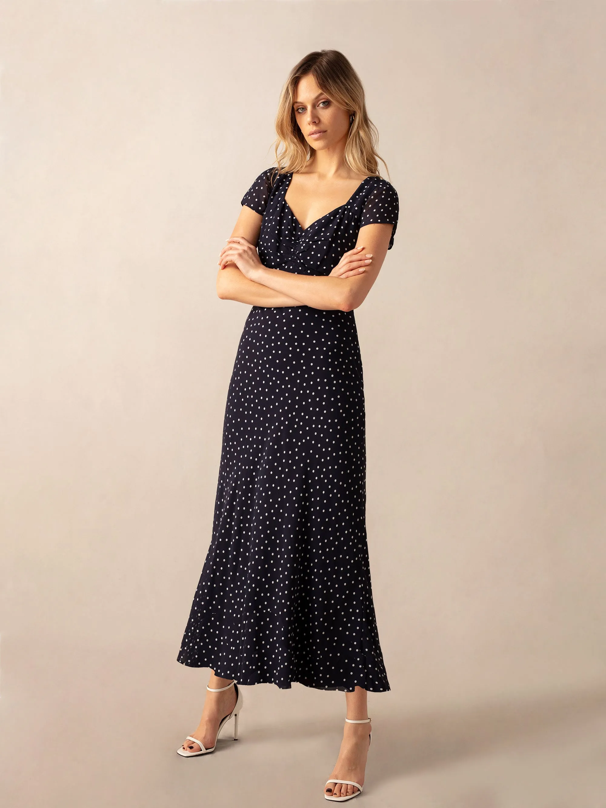 Navy Spot Print Sweetheart Neckline Midi Dress