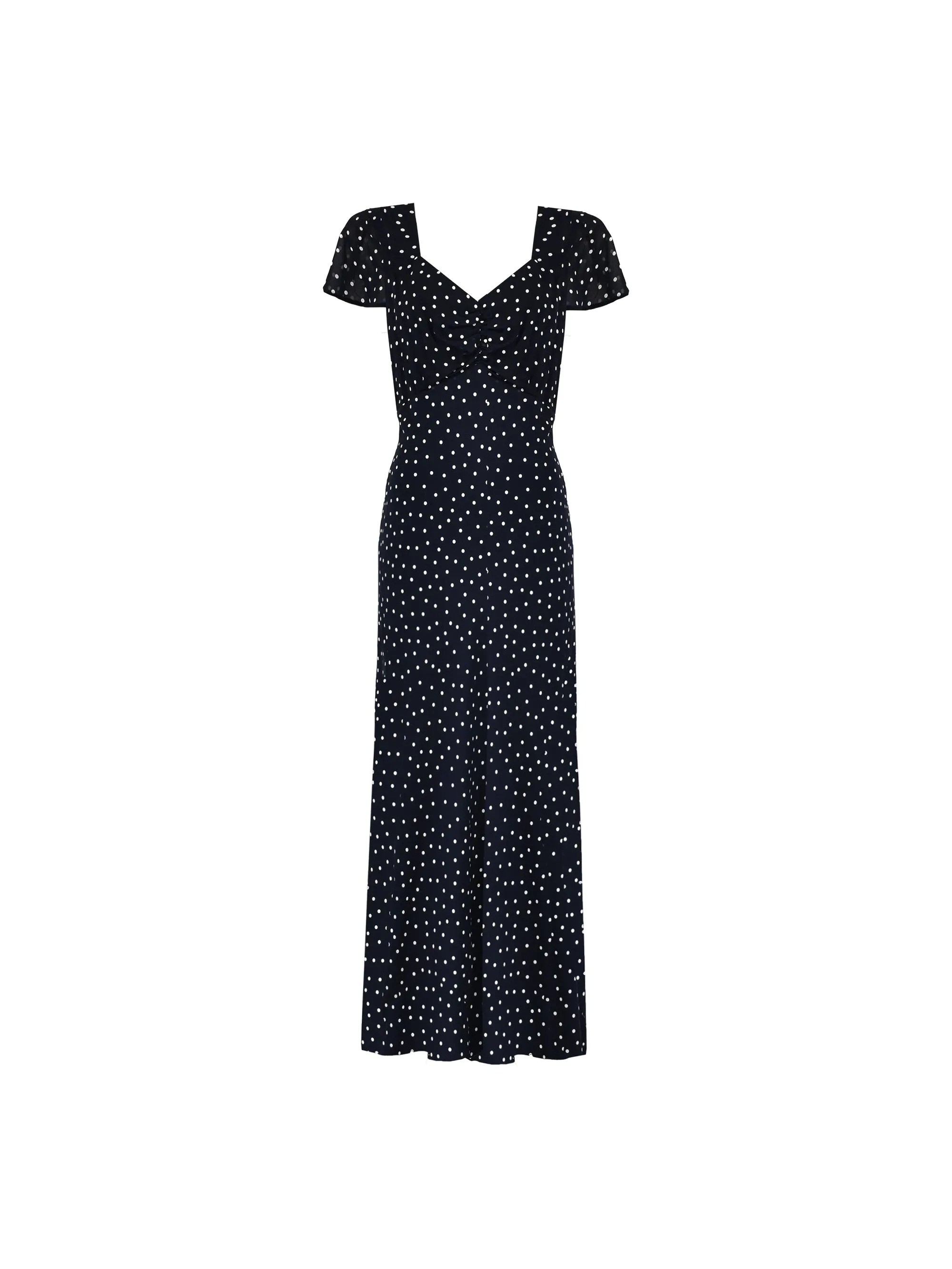 Navy Spot Print Sweetheart Neckline Midi Dress