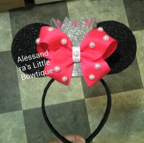 Pearl bow minnie mouse pink crown with ears