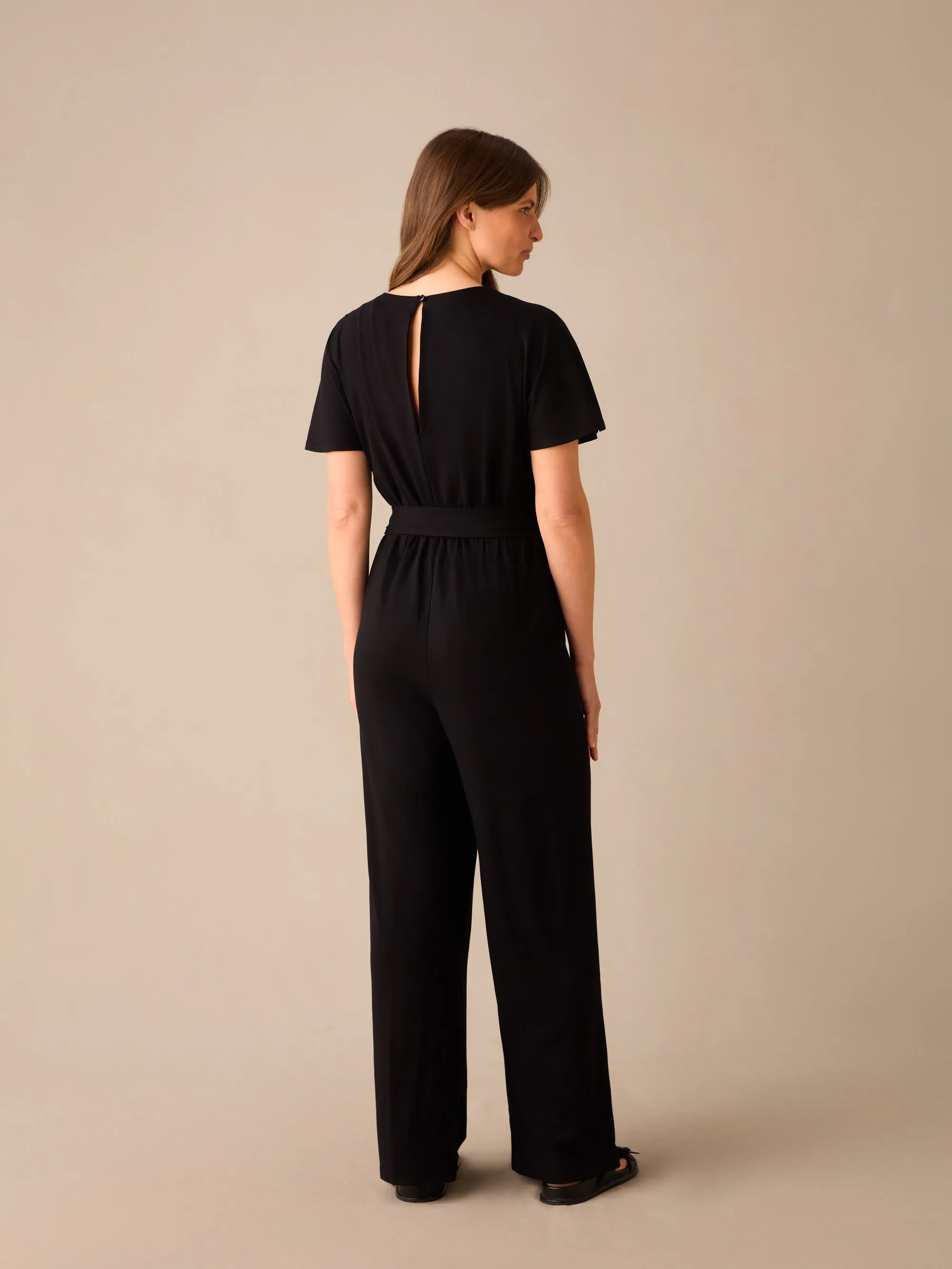 Petite Black Jersey Tie Belt Jumpsuit