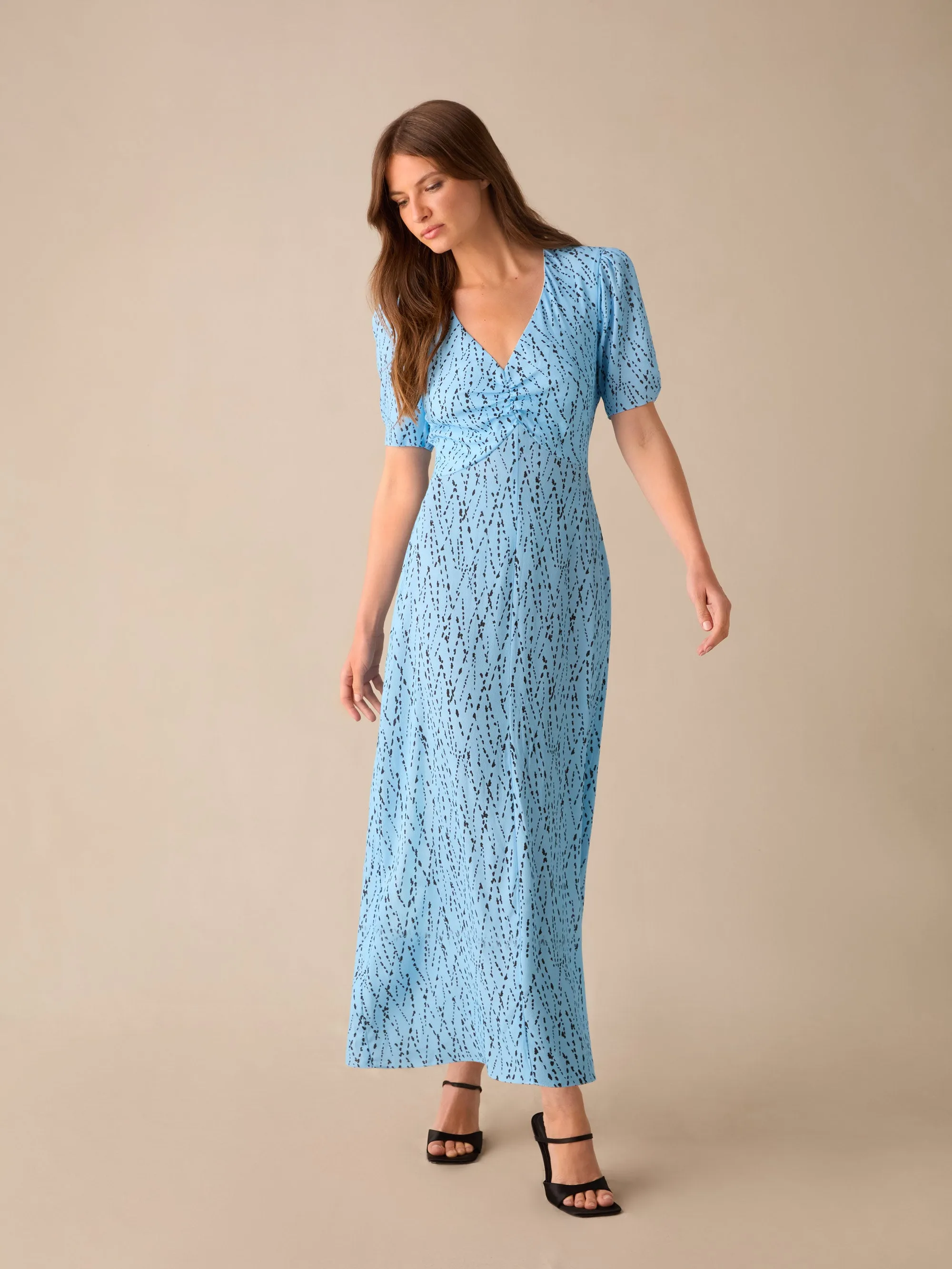 Petite Blue Dash Print Ruched Front Midi Dress