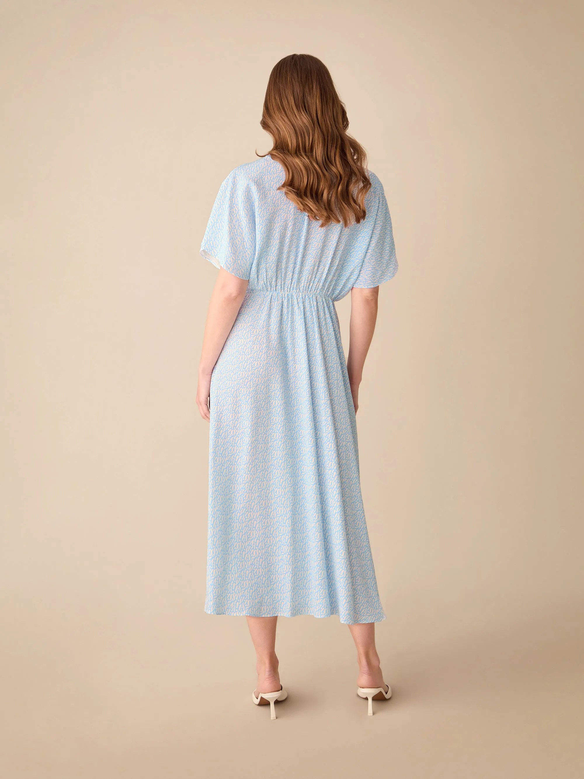 Petite Blue Squiggle Print Button Through Midi Dress