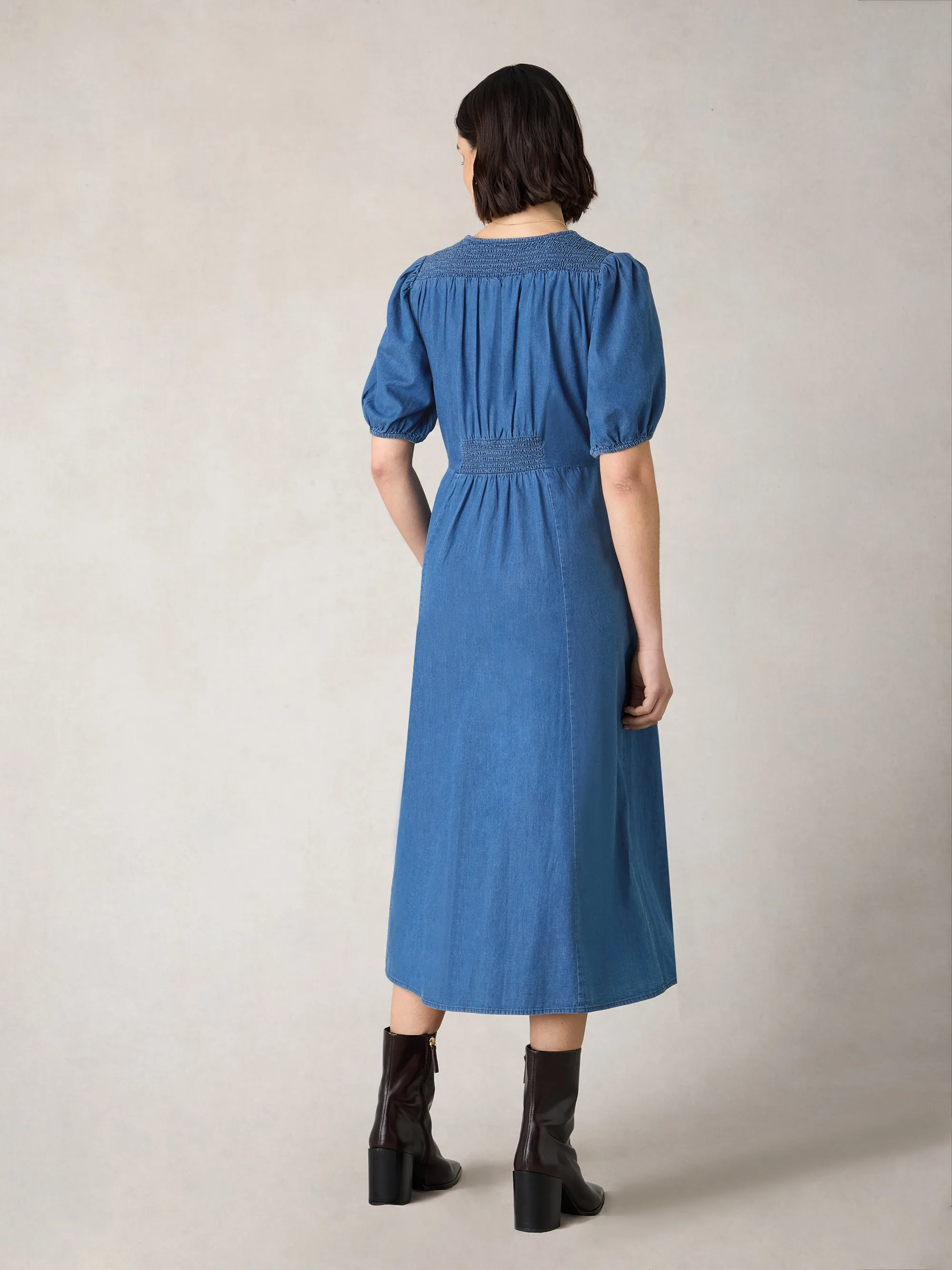 Petite Denim Shirred Shoulder Midi Dress