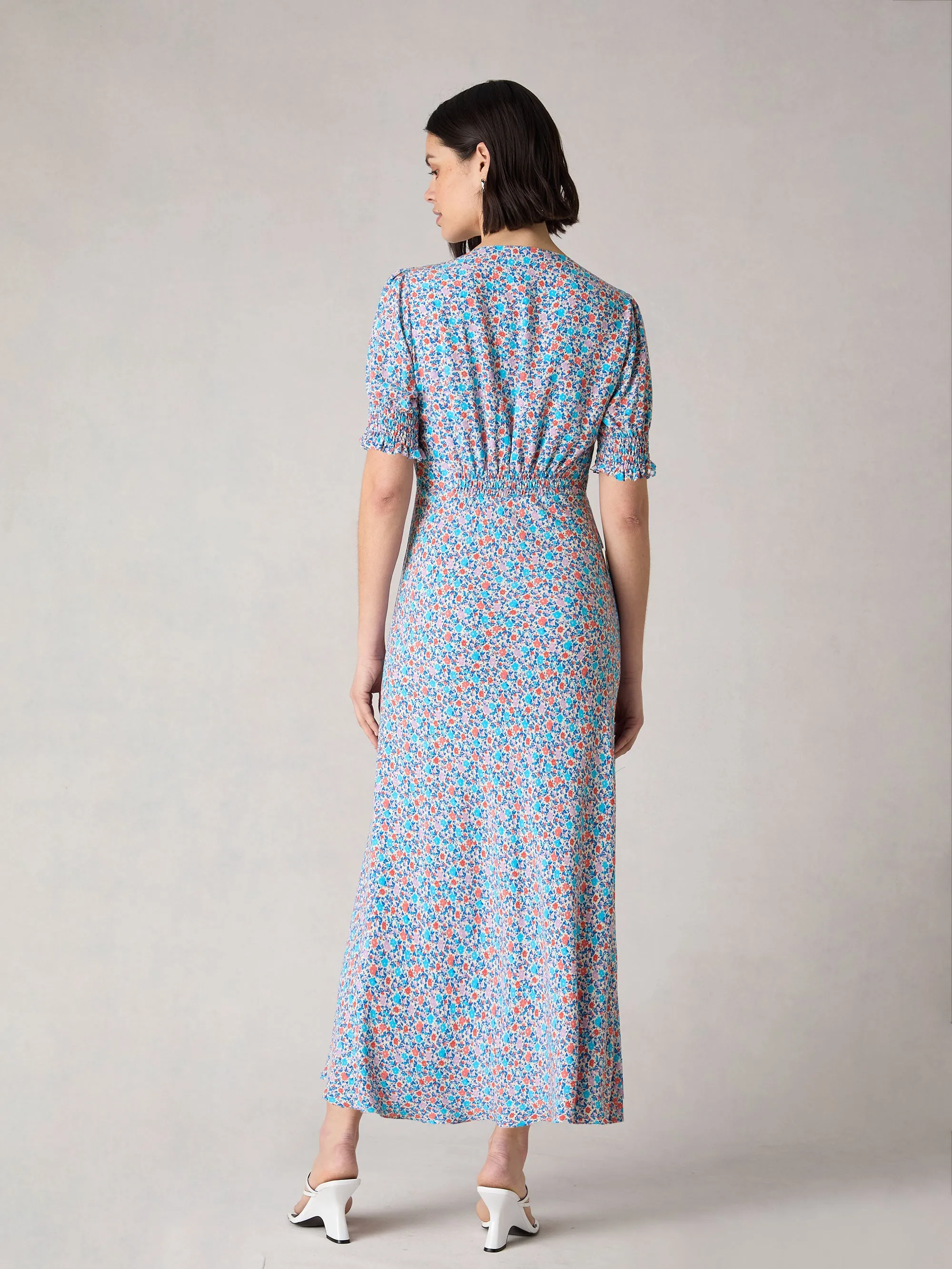 Petite Multi Ditsy Print Shirred Cuff Midi Dress