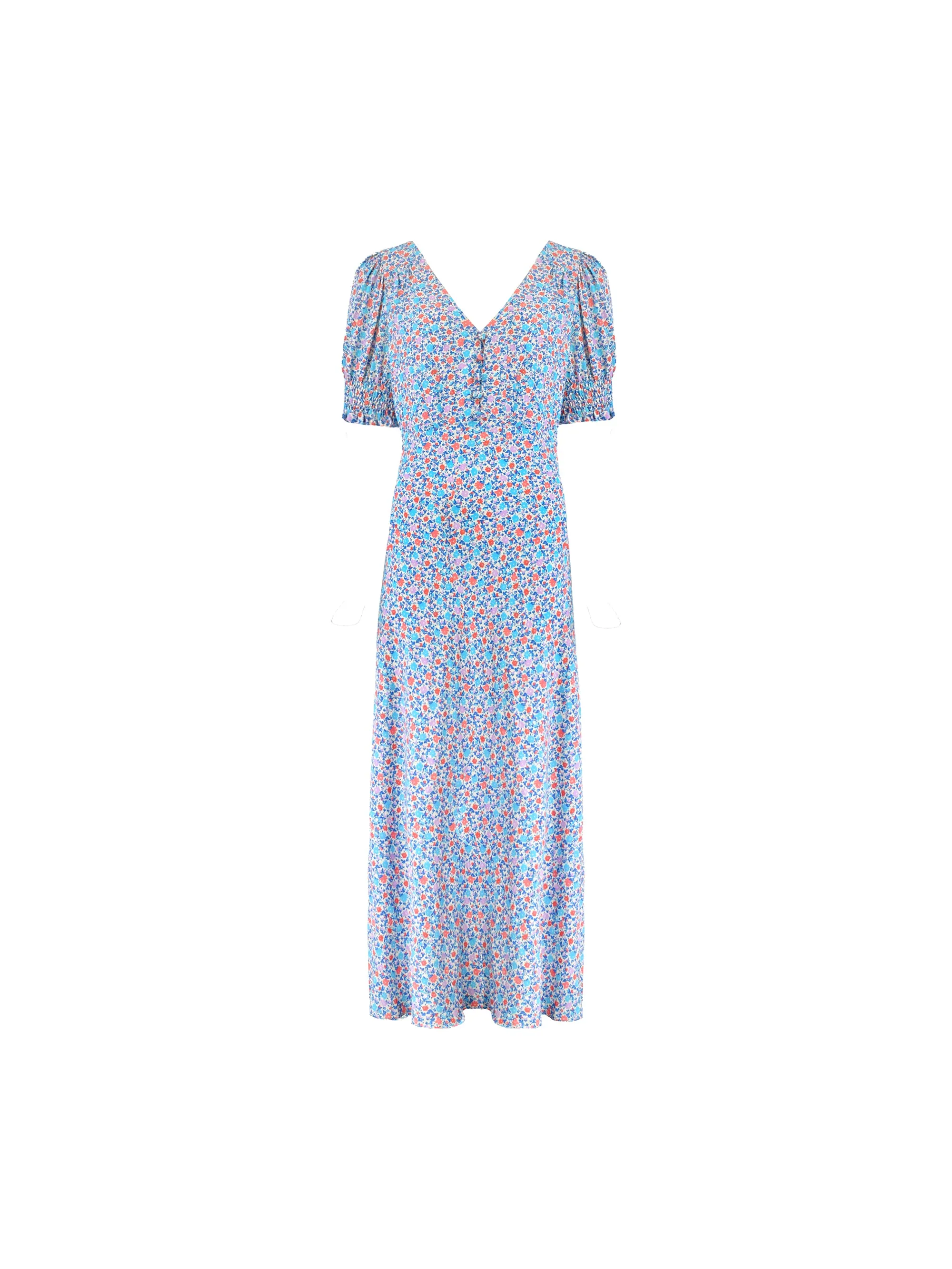 Petite Multi Ditsy Print Shirred Cuff Midi Dress