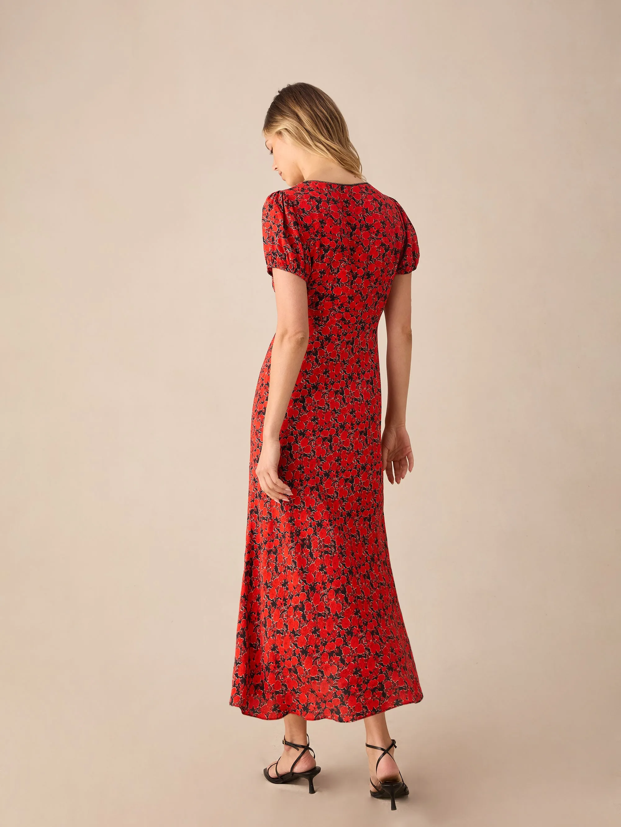 Petite Red Blurred Floral Print Puff Sleeve Midi Dress