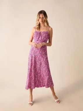 Pink Ditsy Print Keyhole Front Midi Dress