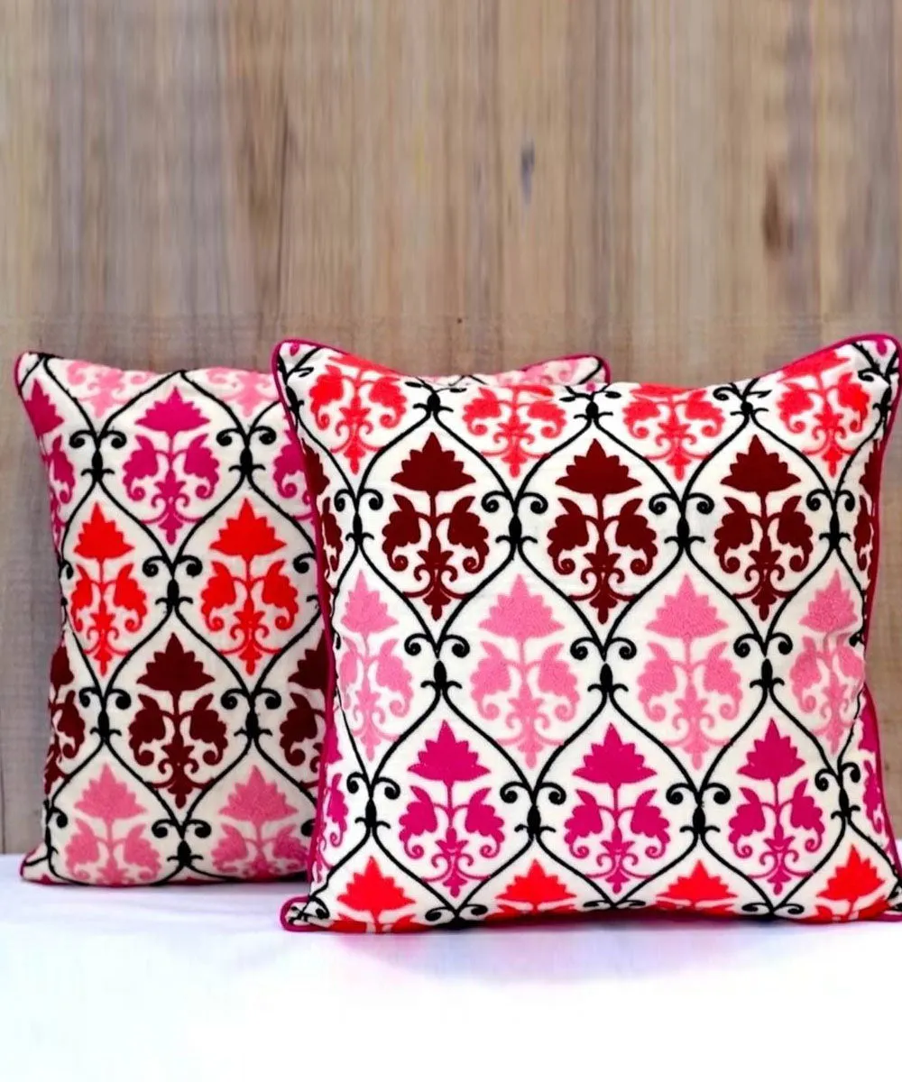 Pink hand embroidered floral cotton cushion cover