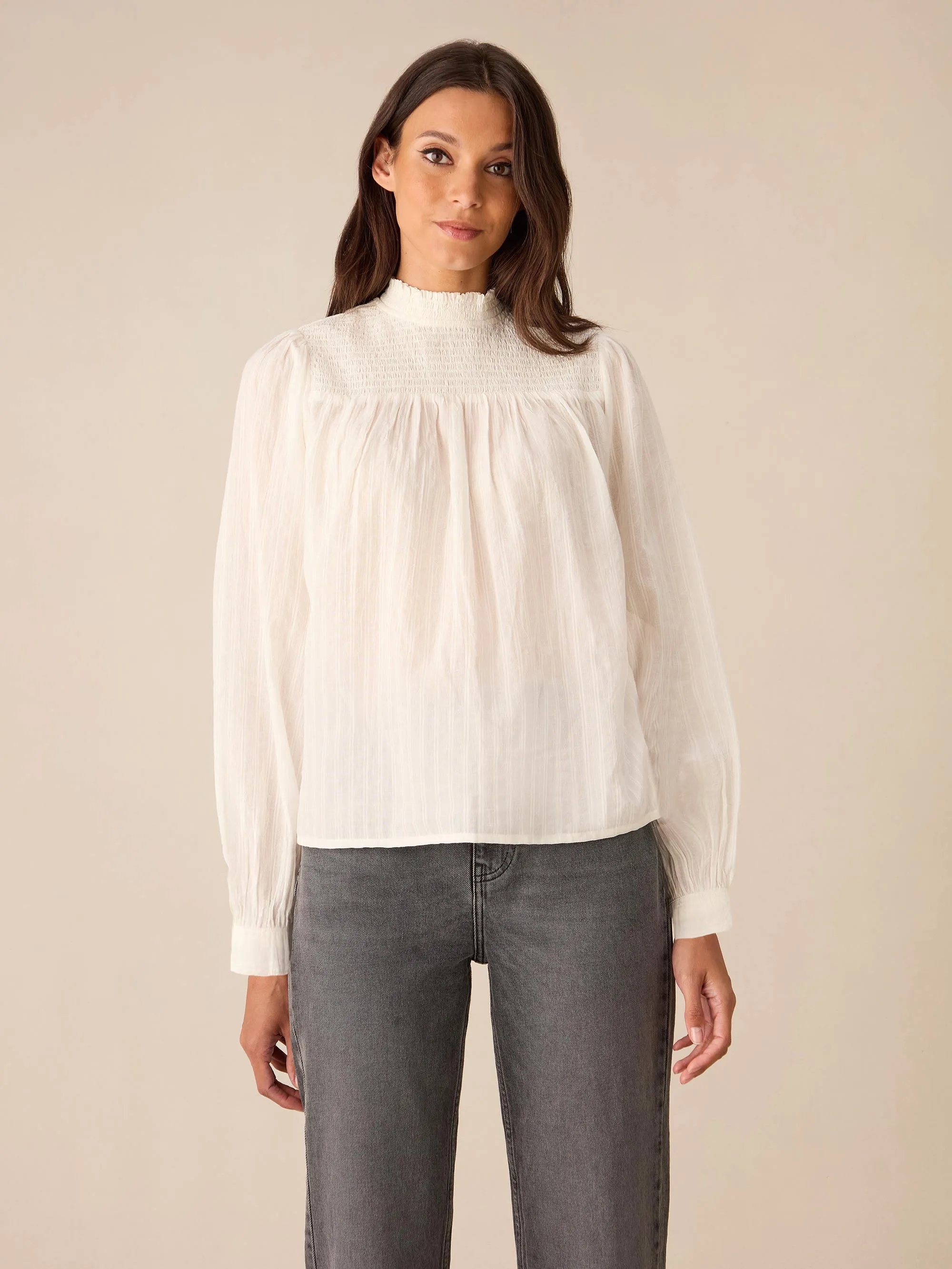 Shirred Neck Ivory Blouse