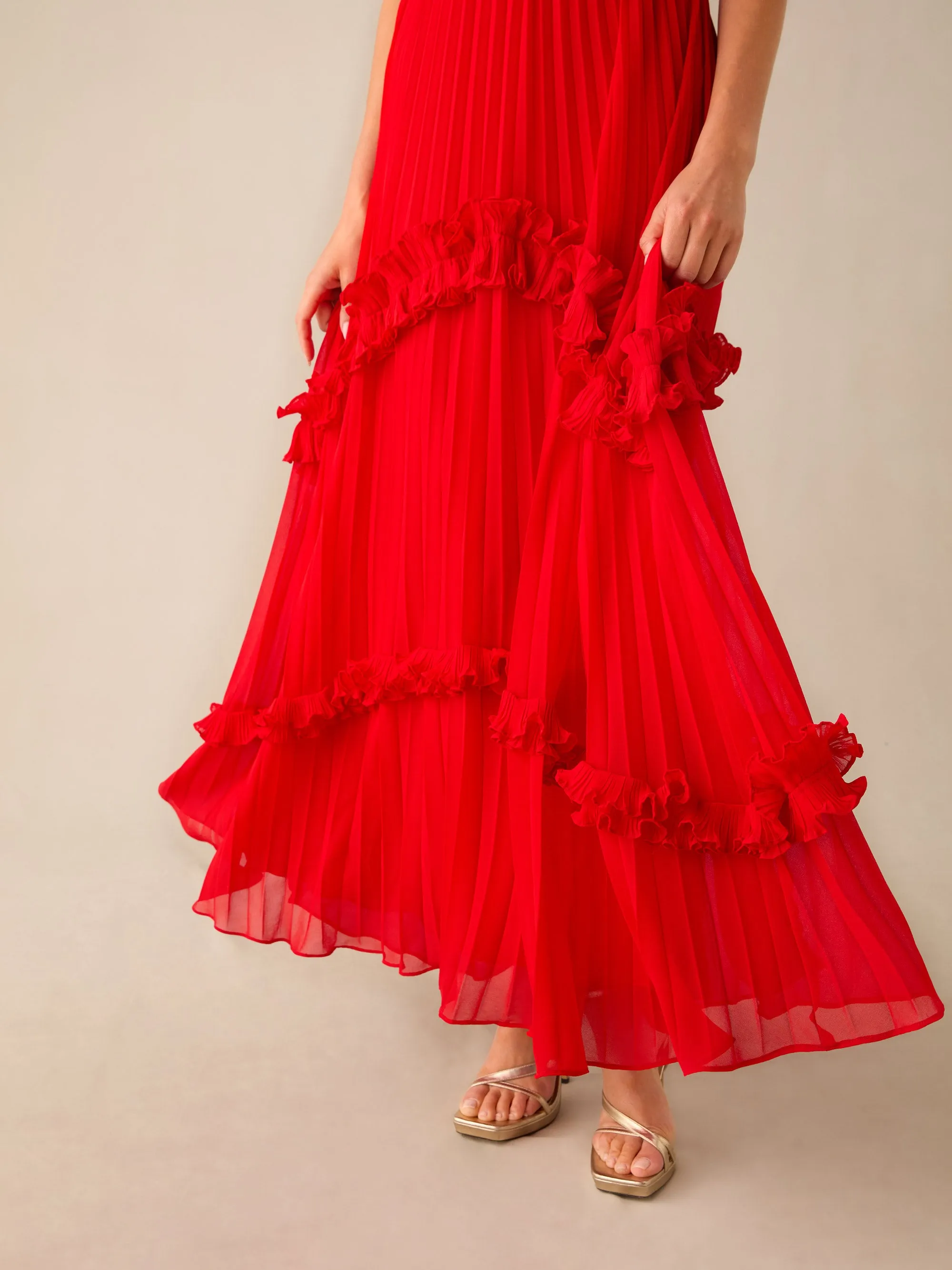 Sienna Red Pleated Frill Maxi Dress