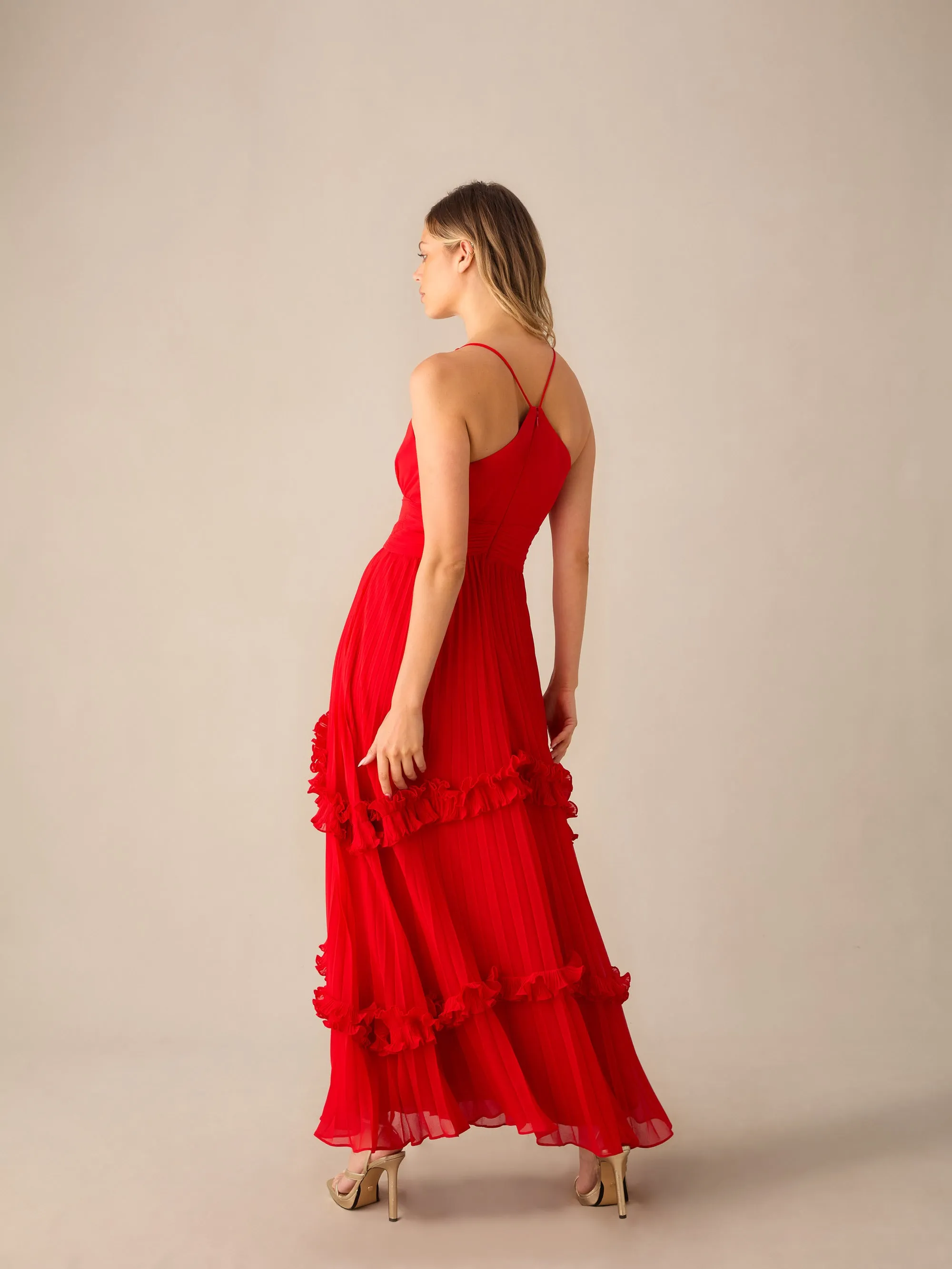 Sienna Red Pleated Frill Maxi Dress