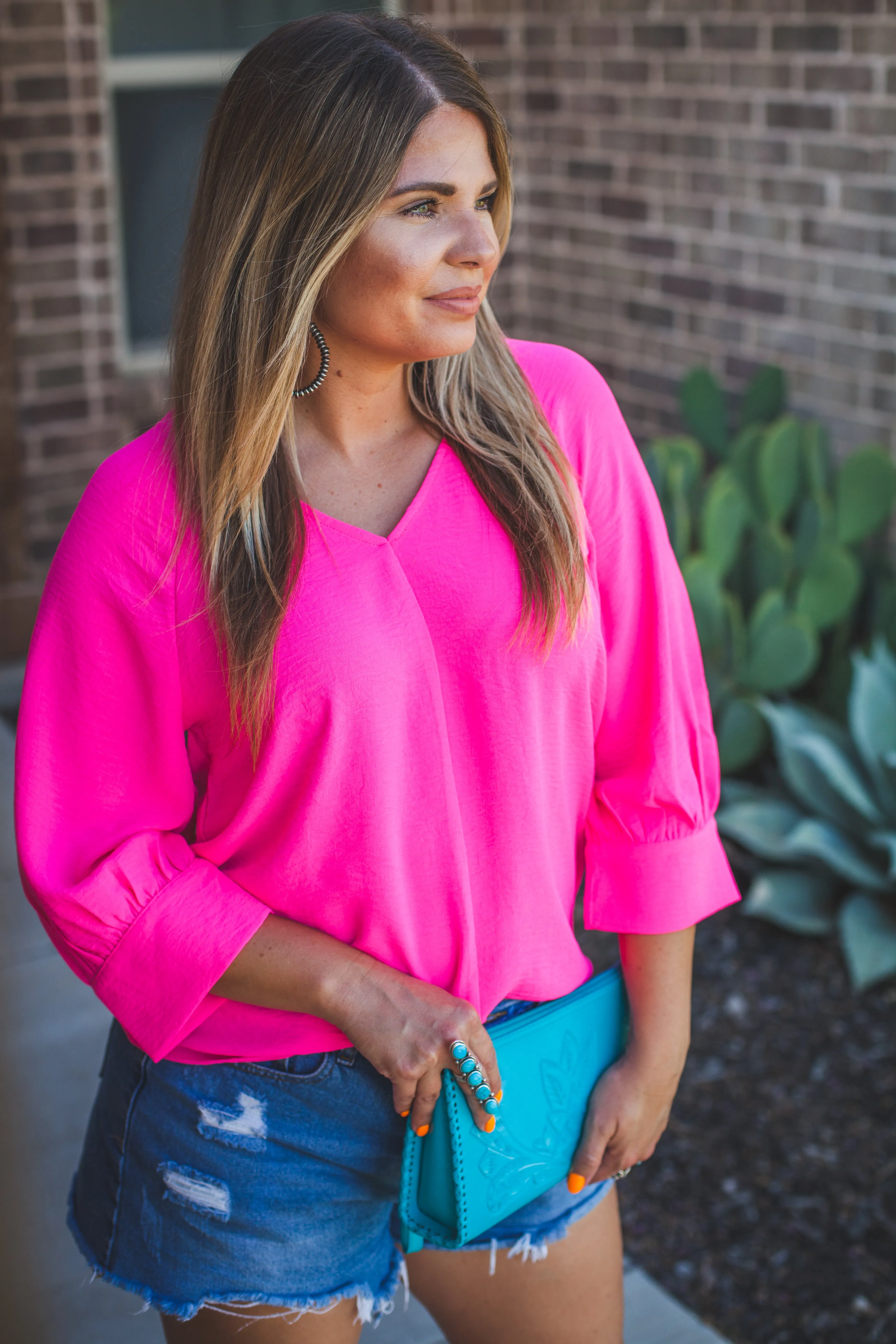 Soft Puff Sleeve Top in Hot Pink