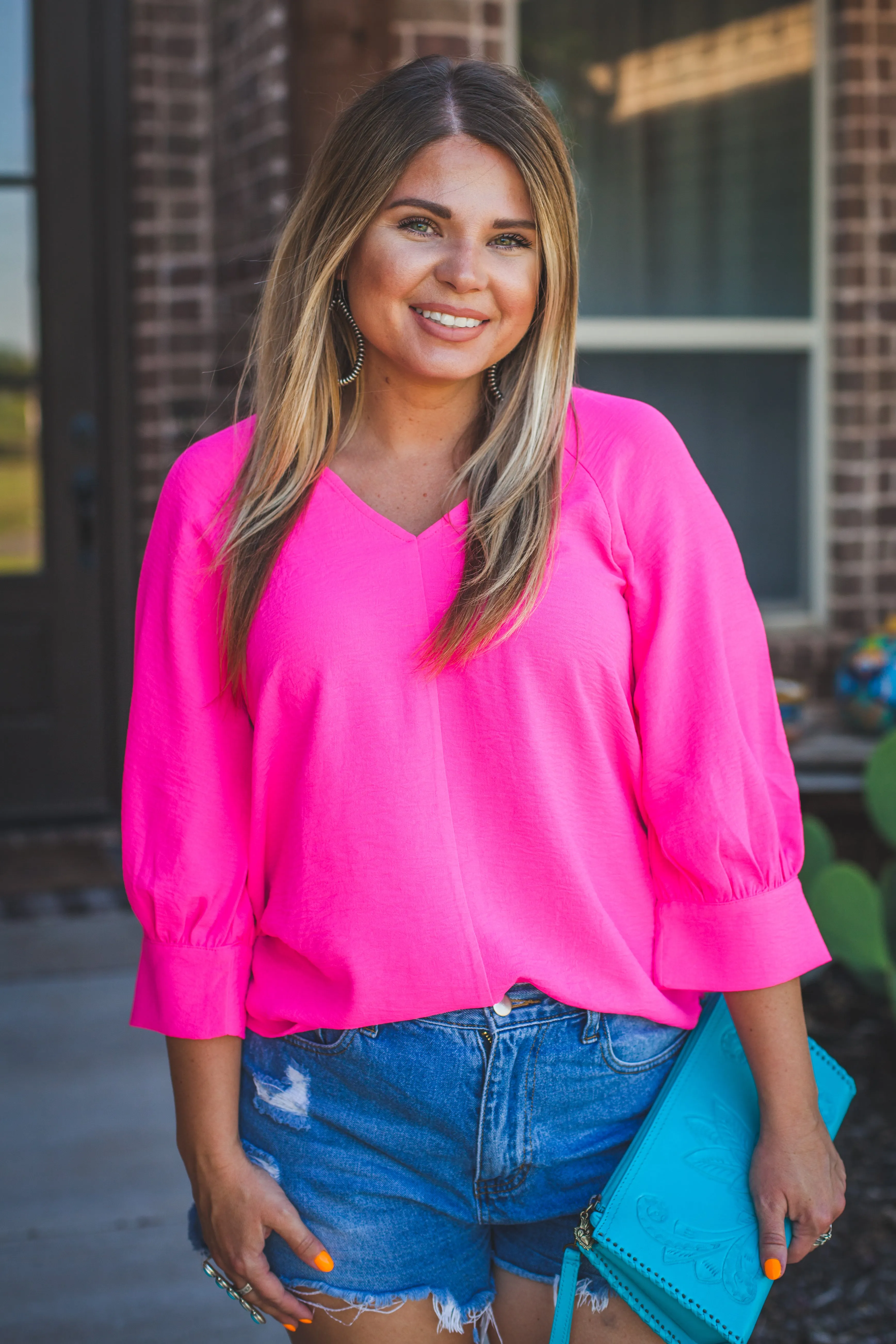 Soft Puff Sleeve Top in Hot Pink