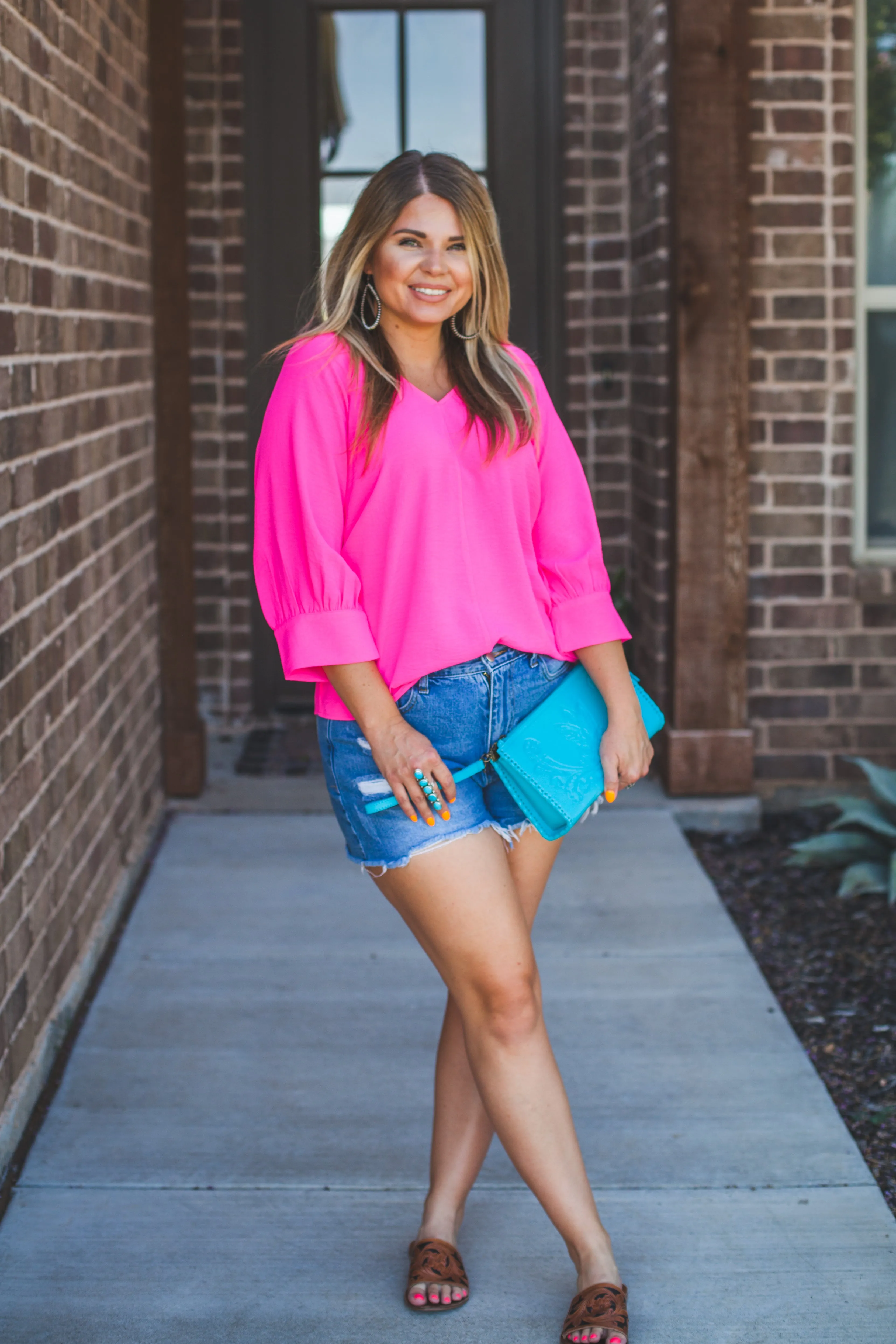 Soft Puff Sleeve Top in Hot Pink