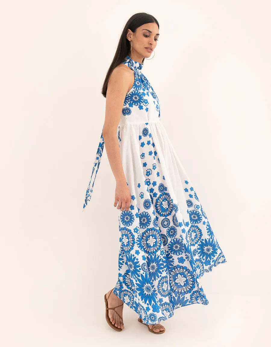 Stella Linen Maxi Dress - Space Flower Blue