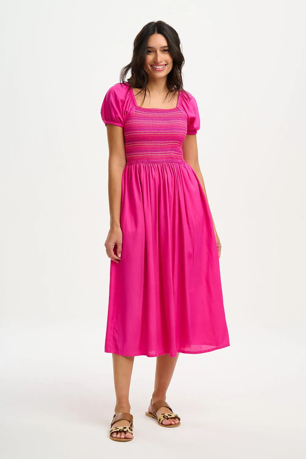 Sugarhill Brighton Octavia Dark Pink Rainbow Shirring Midi Shirred Dress