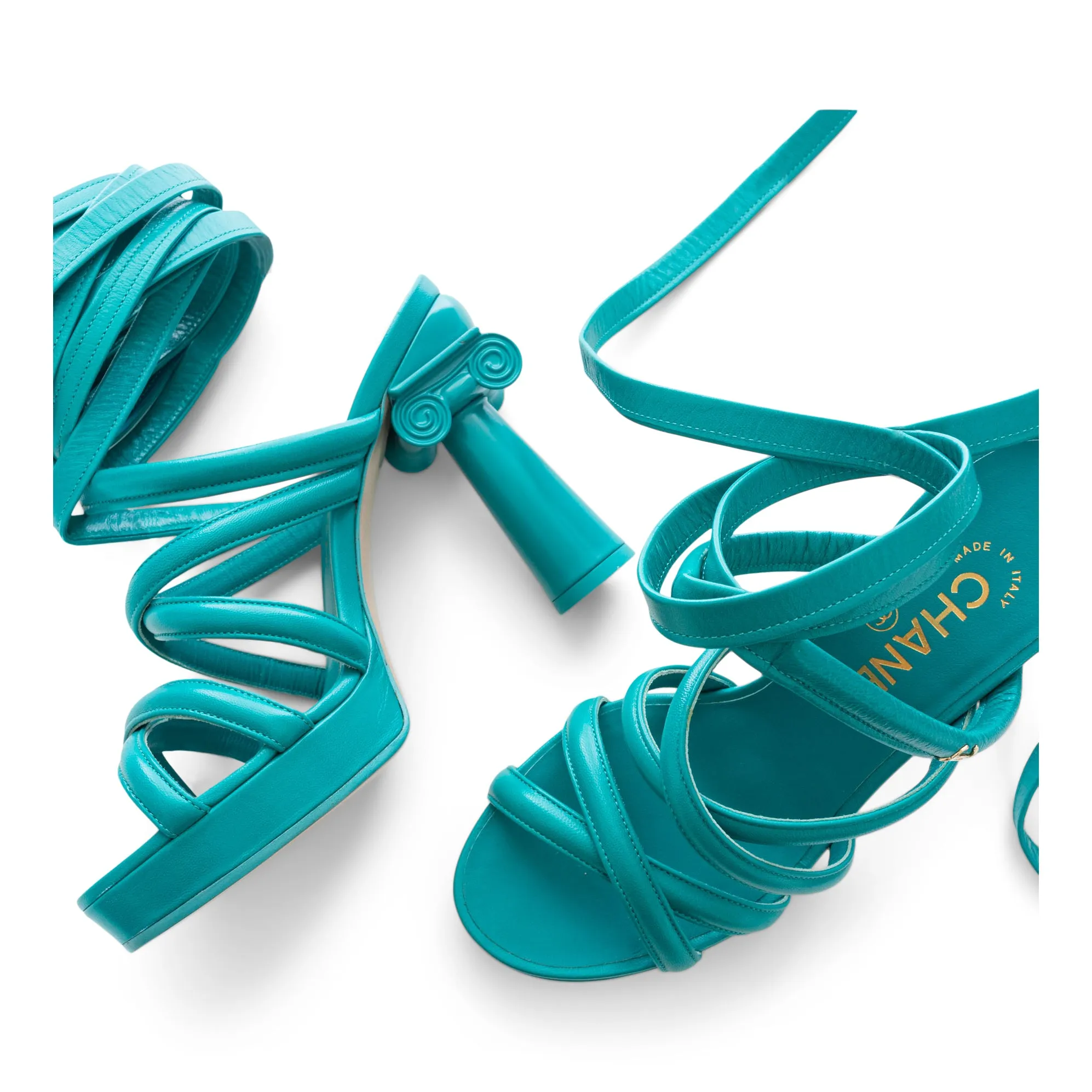 Turquoise Green Grecian Column Platform Wrap-Up Sandals