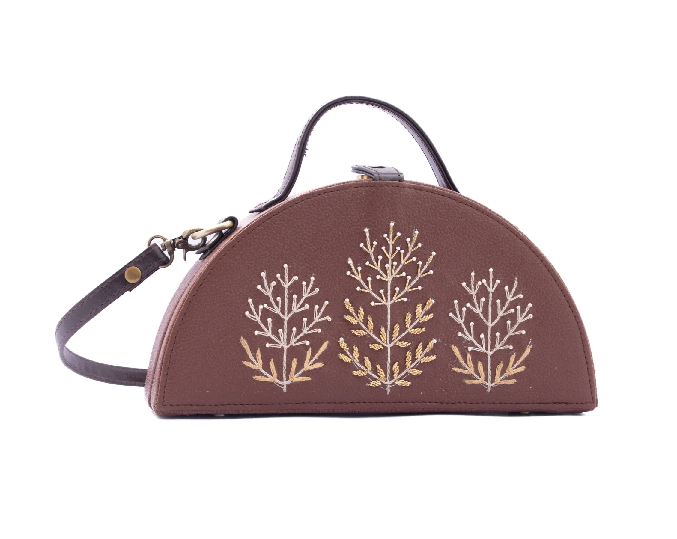 Vanam tan semi circle hand embroidered crossbody clutch bag