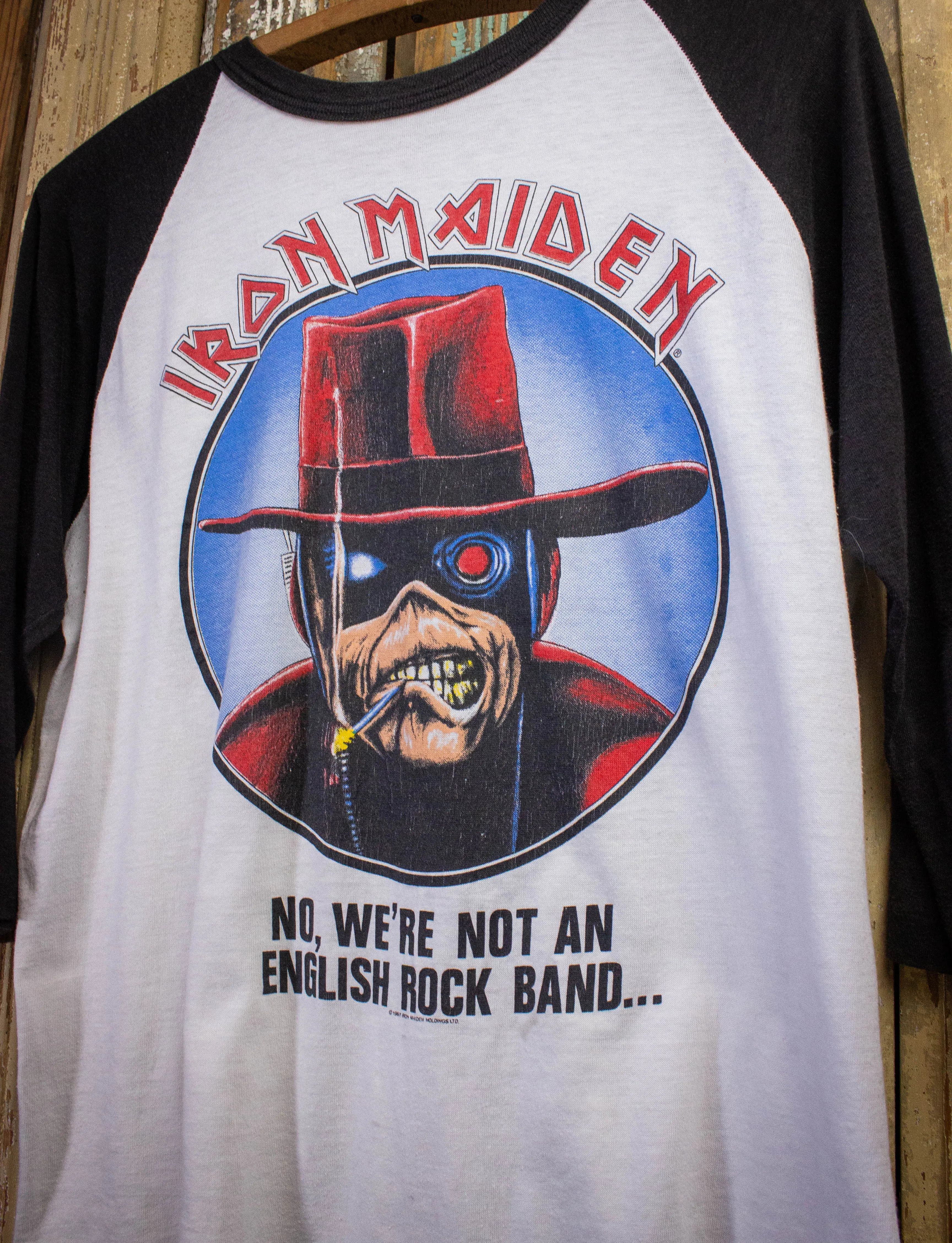 Vintage Iron Maiden No, We're Not an English Rock Band Raglan Concert T Shirt 1987 Black/White Large